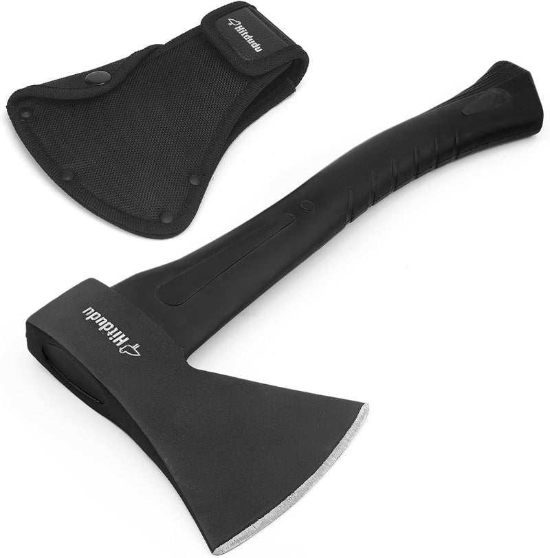 Hitdudu Camping Hatchet, 14" Camping Axe Throwing Axe for Outdoor Wood Splitting and Kindling, Forged Carbon Steel Heat Treated Survival Tool, Fiberglass Shock Reduction Handle with Anti-Slip Grip - Image 1